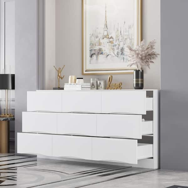 9-Drawer White Wood Dresser Modern Style 31.5 in. H x 63 in. W x 15.6 in. D