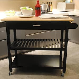 Black MDF Kitchen Cart with Two Lockable Wheels, Rubber Wood Top