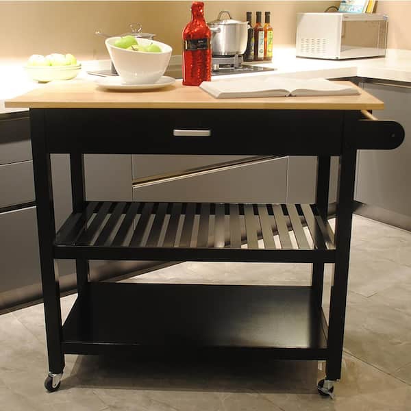 Staykiwi Black MDF Kitchen Cart with Two Lockable Wheels, Rubber Wood Top