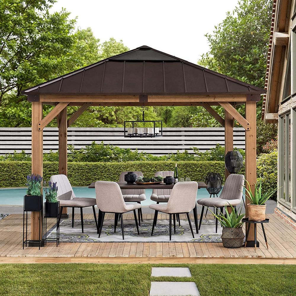 Sunjoy Cedar Framed Gazebo with Brown Steel and Polycarbonate Hip Roof Hardtop - 11 x 11 ft.