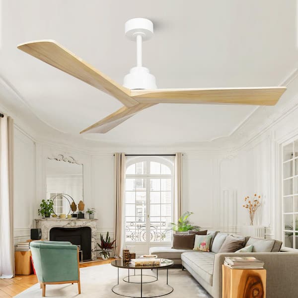 52 in. Indoor White 3 Solid Brown Wood Fan Blades 6 Speeds Ceiling Fan with Remote Control and Reversible DC motor