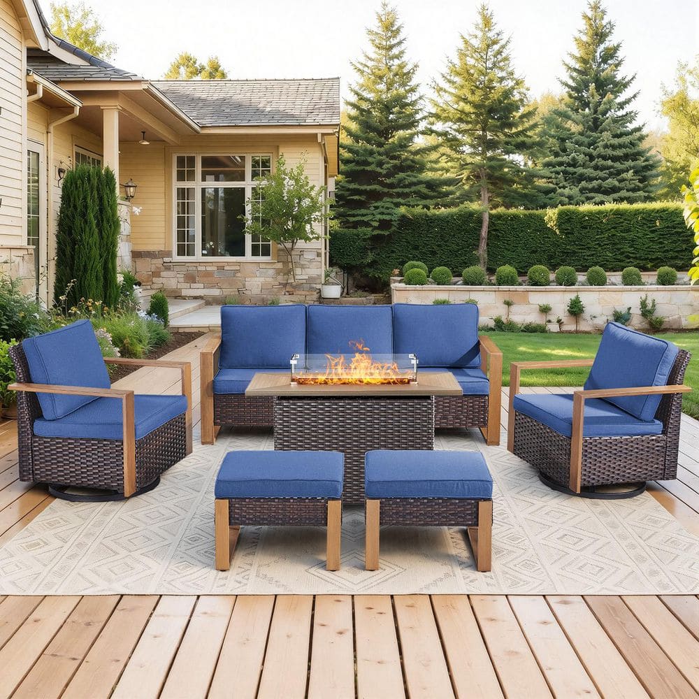 FanKan Brown 6-Piece Wicker Outdoor Glider Chair Patio Deep Seating with Rectangular Fire Table and Blue Cushions price history on PriceWatchPro