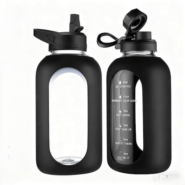 64 oz. Black Glass Water Bottle with Time Marker, Dual Lids, and Silicone Sleeve