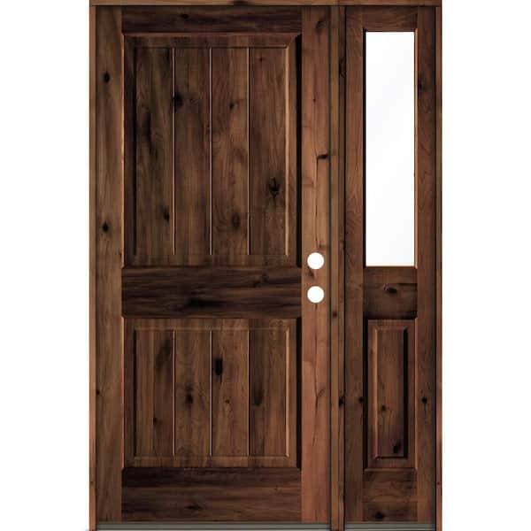 Krosswood Doors 50 in. x 80 in. Knotty Alder Square Top Left-Hand/Inswing Clear Glass Red Mahogany Stain Wood Prehung Front Door w/RHSL