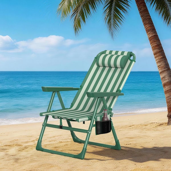 SUKLOM Folding Beach Chair Cup Holder, High-Back Recliner, 350 lbs