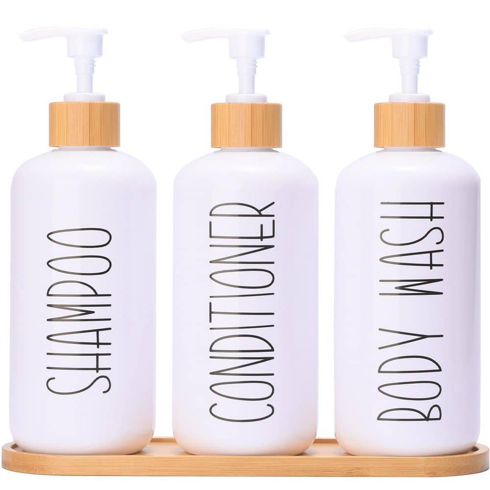White Shower Dispenser Set with 3 Extra-Thick PET Plastic Bottles, Pumps and Bamboo Tray for Shampoo and Conditioner price history on PriceWatchPro