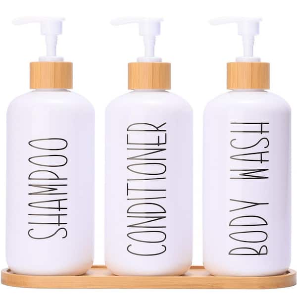 White Shower Dispenser Set with 3 Extra-Thick PET Plastic Bottles, Pumps and Bamboo Tray for Shampoo and Conditioner