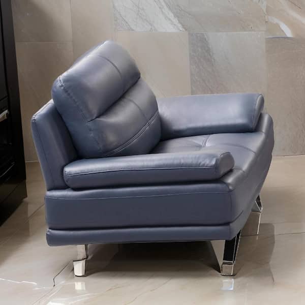 Benjara Blue Leather Arm Chair with Channel Tufting