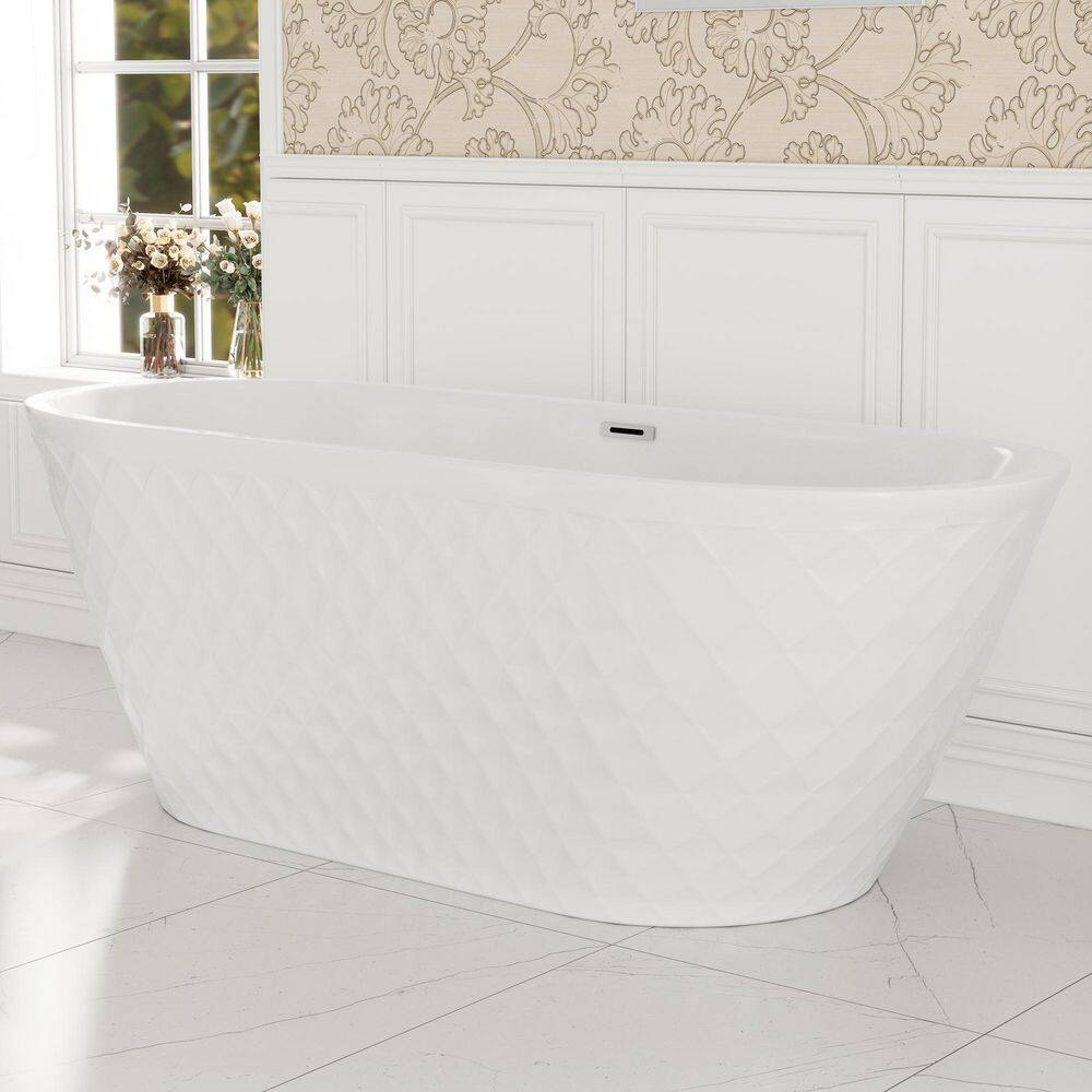 White Diamond Pattern Acrylic Freestanding Soaking Bathtub