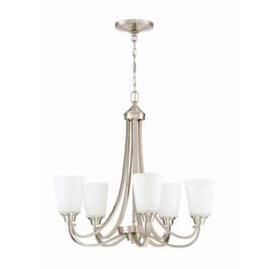 Grace 5-Light Brushed Nickel Finish with White Glass Transitional Chandelier for Kitchen/Dining/Foyer, No Bulbs Included