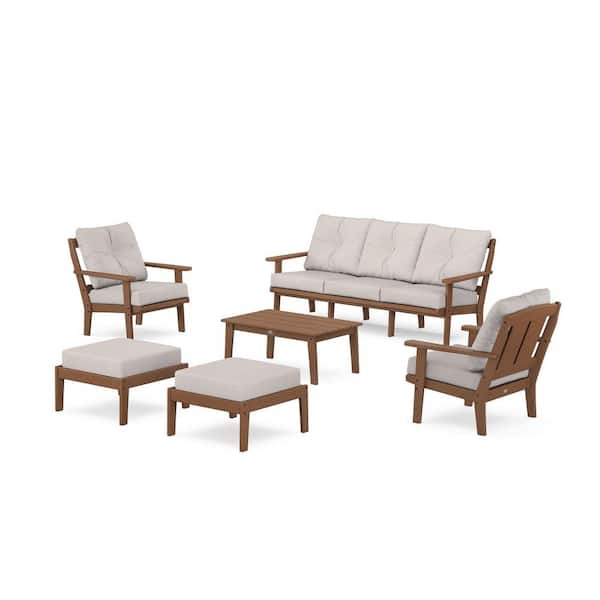 POLYWOOD Mission 6-Pcs Plastic Lounge Sofa Set in Teak/Dune Burlap Cushions
