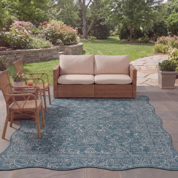 Courtyard 8 ft. x 10 ft. Specialty Navy/Ivory Border Floral Scroll Indoor/Outdoor Area Rug