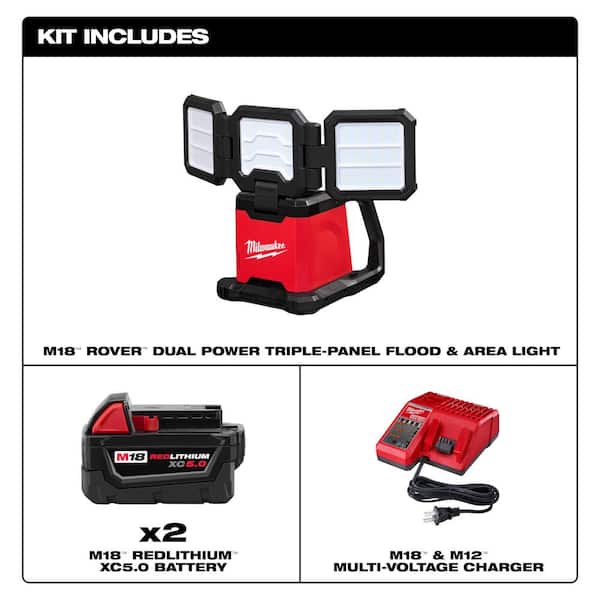M18 18-Volt Lithium-Ion Cordless 4500 Lumens ROVER Dual Power Triple-Panel Light with Two 5.0Ah Batteries and Charger