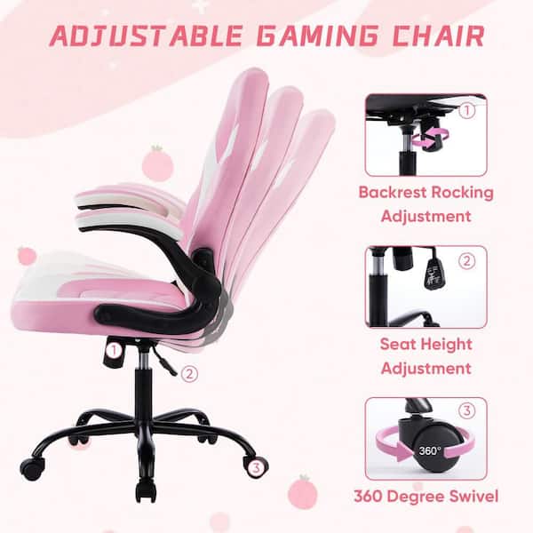 Pink Ergonomic Curve Uphostery Breathable Backrest Gaming Chair w/Flip-Up Armrests, 3D Adjustable Height and Footrest