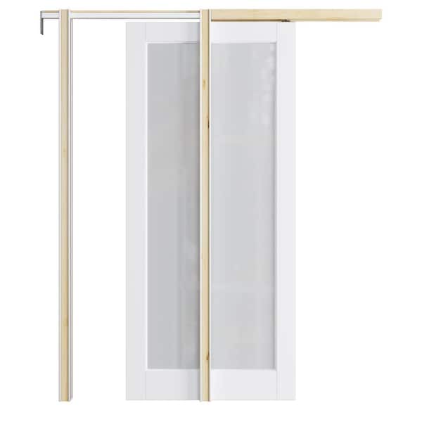 36 in. x 96 in. 1-Lite Frosted Glass White Primed Wood Sliding Pocket Door with Pocket Door Frame and Door Hardware Kit