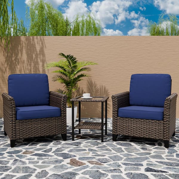 3-Piece Mix Brown Wicker Patio Conversation Set Wide Armrest Chair Set with Blue Cushions, 2-Tier Side Table