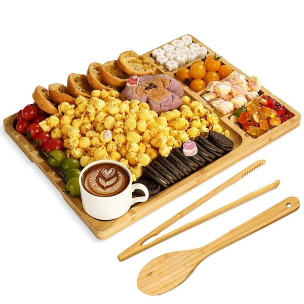 Bamboo Charcuterie Board Gift Set 15.7 x 11.8 x 0.8 in. 4 Compartments with Tongs Spoon Green Box Boards
