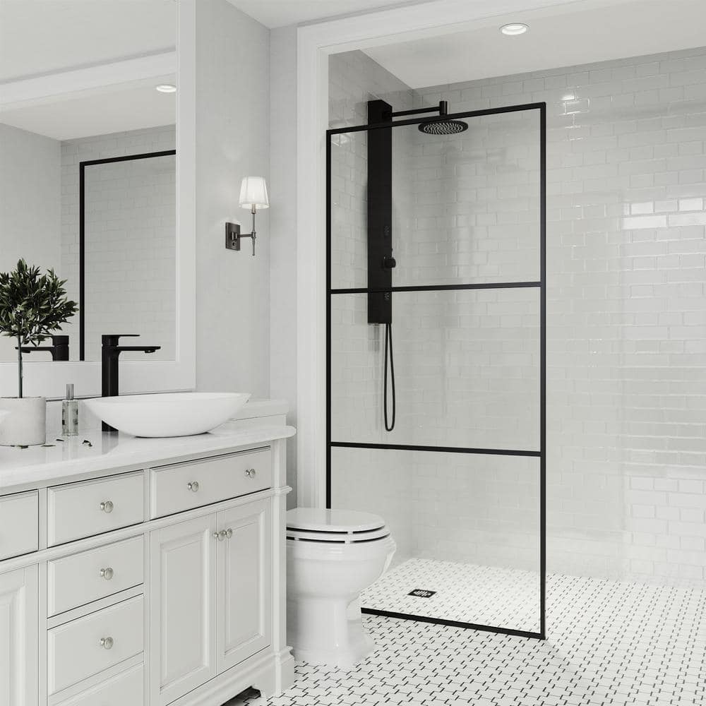 Matte Black 34" x 74" Framed Shower Screen with Fluted Glass