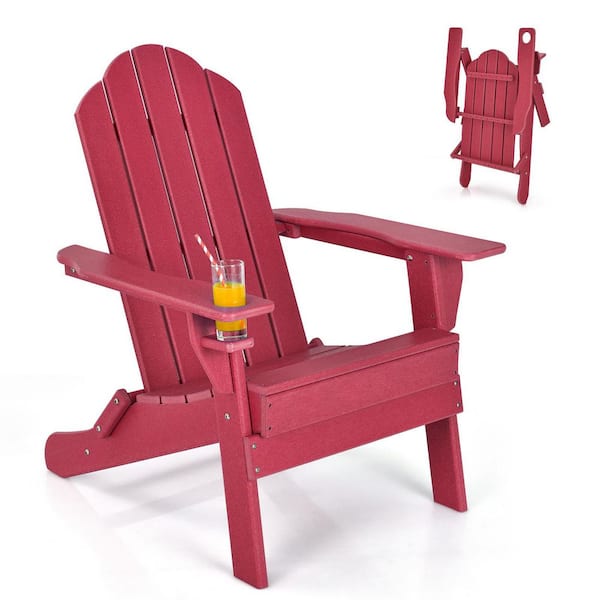 Red Foldable Plastic Adirondack Chair with Built-in Cup Holder (1-Pack)