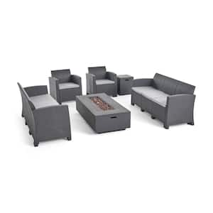 Comet 6-Piece Plastic Patio Fire Pit Conversation Set with Light Grey Cushions