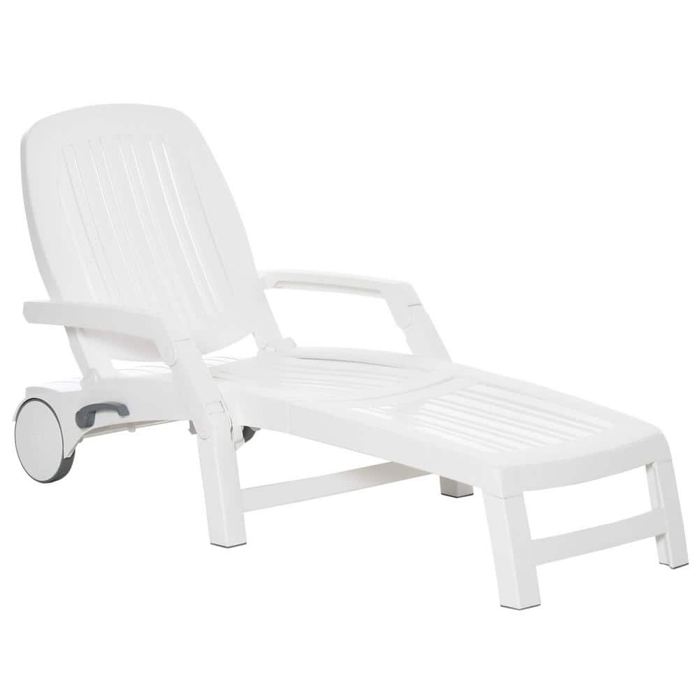 1-Piece White Plastic Outdoor Folding Chaise Lounge with Storage Box, Adjus