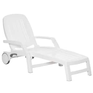 1-Piece White Plastic Outdoor Folding Chaise Lounge with Storage Box, Adjustable Backrest, 2-Wheels for Pool, Beach