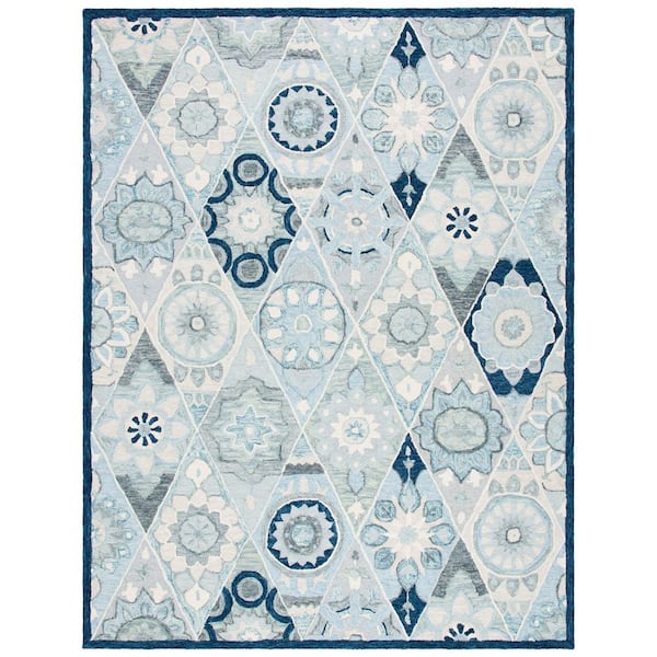 Suzani 9 ft. x 12 ft. Blue/Ivory Floral Border Area Rug