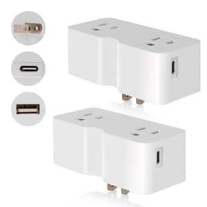 3 Prong Outlet Extender with Type C and Type A USB Wall Charger, Plug Adapter (White, 2-Pack)