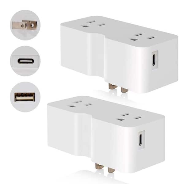 ELEGRP 3 Prong Outlet Extender with Type C and Type A USB Wall Charger, Plug Adapter (White, 2-Pack)