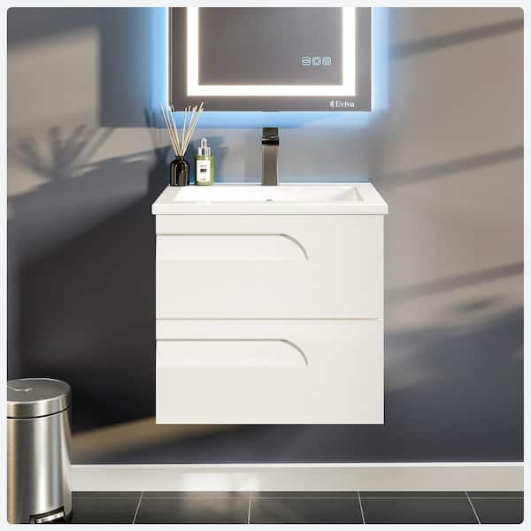 Eviva Joyous  24 in. W x 18 in. D x 22.5 in. H Floating Bath Vanity in White with White Porcelain Top