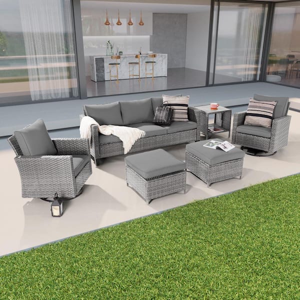Sonkuki 6-Piece Patio Conversation Set Gray Wicker with Swivel Rocking Chair and Side Table, Gray