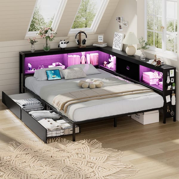 Black Metal Frame LED Full Size Corner Platform Bed with Bookcases Charging Station and 2 Drawers