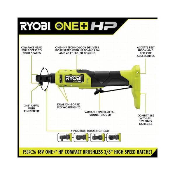 RYOBI - ONE+ HP 18V Brushless Cordless Compact 3/8 in. Ratchet Kit with (1) 2.0 Ah Battery, (2) 4.0 Ah Batteries, and Charger