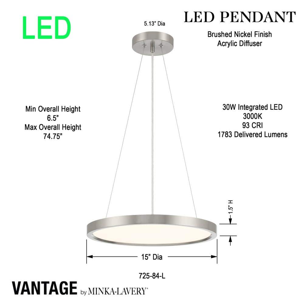 Brushed Nickel 30W LED Pendant Light with Acrylic Shade