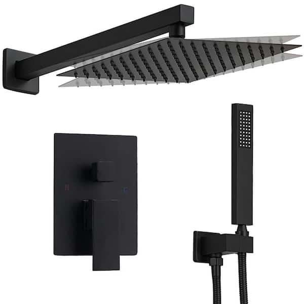 HOMEMYSTIQUE Brass Single Handle 3-Spray 10" Rain Shower Faucet 2.5 GPM Shower System with Handheld, Pressure Balance in Matte Black