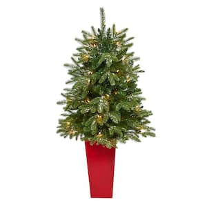 3.5 ft. Snowed Pre-Lit Teton Fir Artificial Christmas Tree with 50 Clear Lights and 111 Bendable Branches in Planter