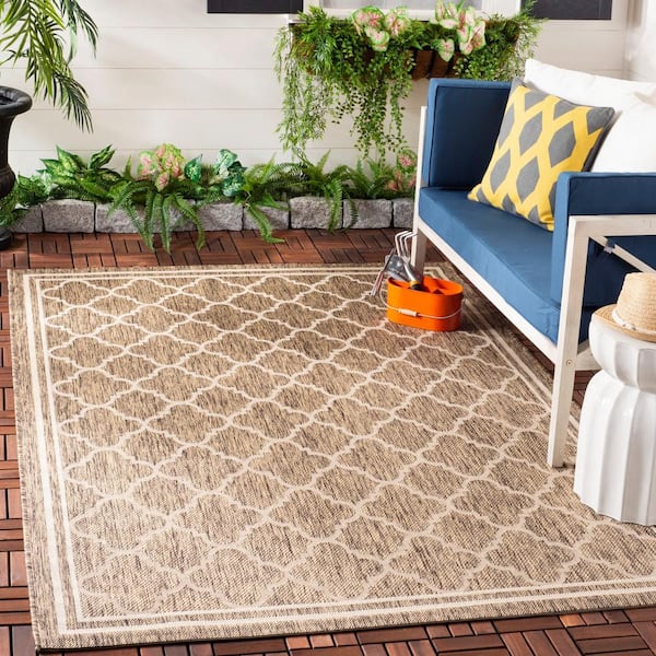 Courtyard Brown/Bone 8 ft. x 8 ft. Square Geometric Indoor/Outdoor Patio  Area Rug