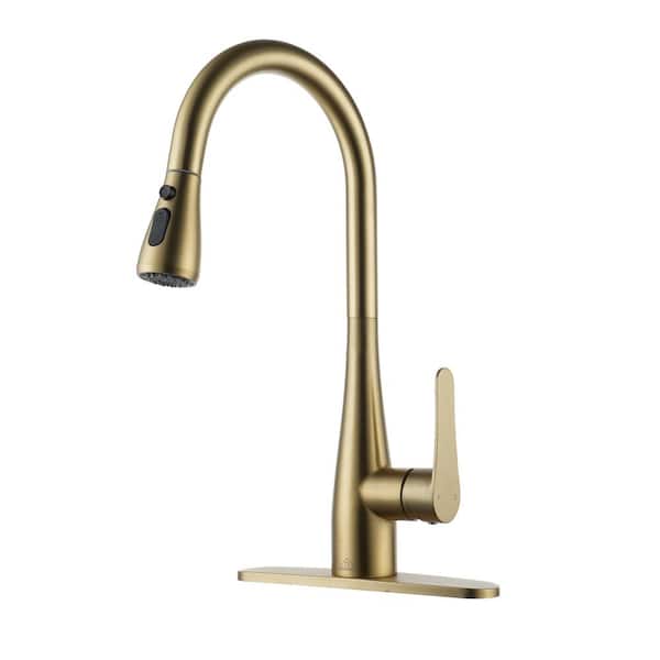Boyel Living 3-Spray Patterns Single Handle Pull Down Sprayer Kitchen Faucet with Deck Plate and Water Supply Hoses in Brushed Gold