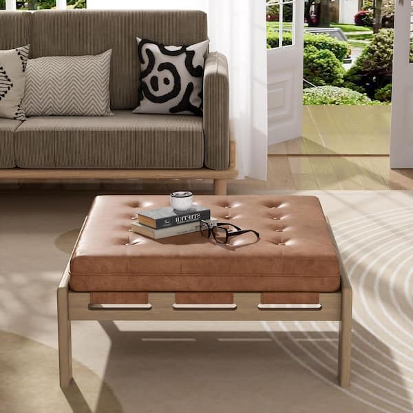 CHRISTOPHER KNIGHT HOME Nova Upholstered PU Leather Square Ottoman, Tufted, Rubberwood Base, Reddish Brown Plus Light Ash