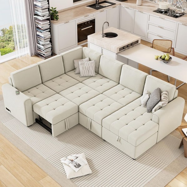 aisword Beige 141.5 in. U-shaped Corduroy Fabric Queen Size Sectional Sofa Bed with a Storage Chaise Lounge, Charging Devices