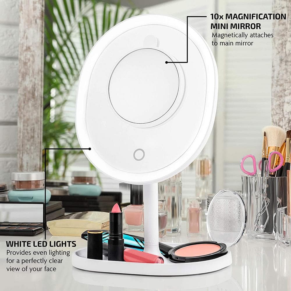 White Oval LED Lighted Magnifying Makeup Mirror with Tray