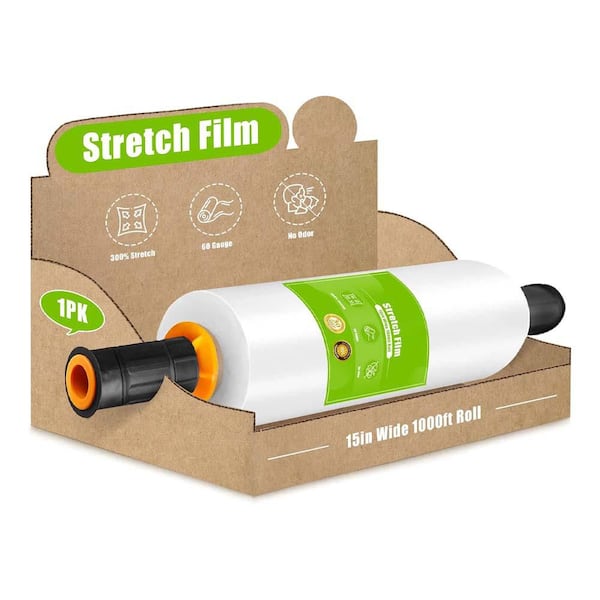 Industrial Strength 1000 ft. 60 Gauge Clear Plastic Wrap Roll with Handles for Moving and Shipping 15 in. Wide