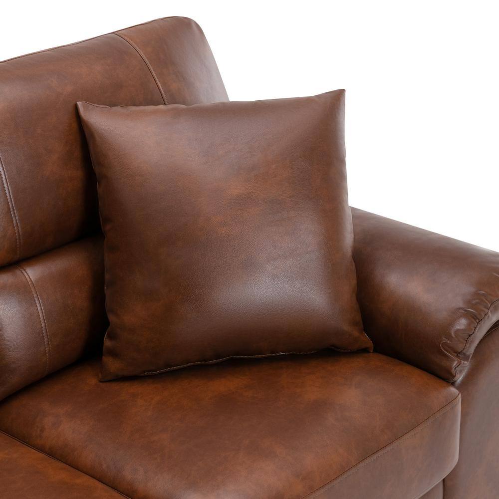 Brown Leather 3-Seat Flared Arm Sofa with Wood Frame