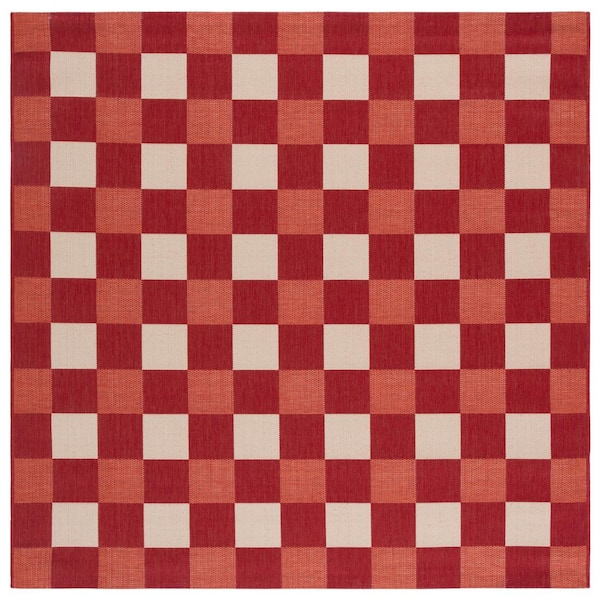 Courtyard Red/Beige 7 ft. x 7 ft. Plaid Grid Indoor/Outdoor Square Area Rug