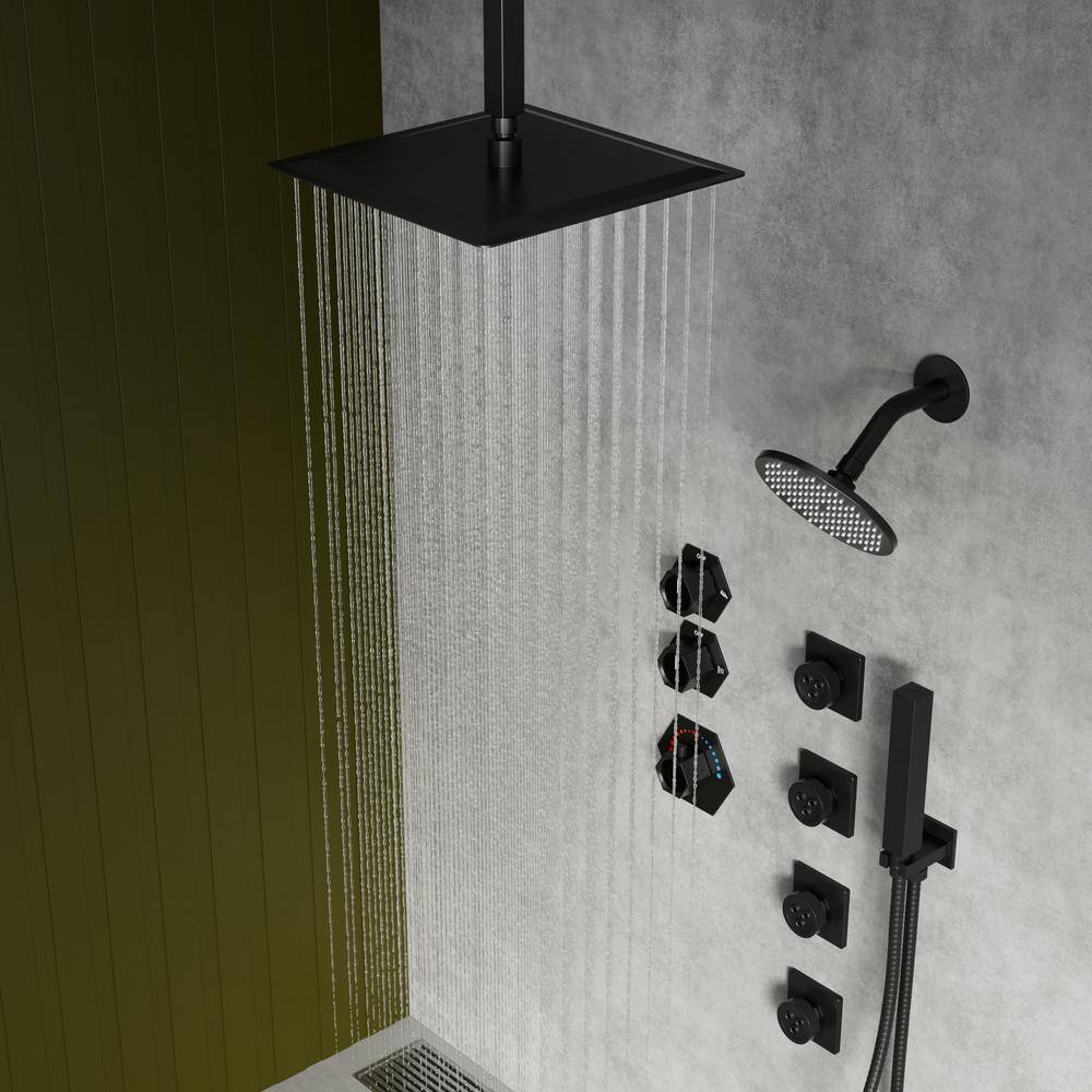 Matte Black Large Square Brass Ceiling Mounted Shower System