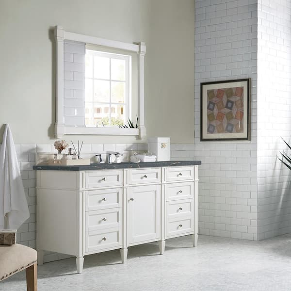 James Martin Vanities Brittany 60.0 in. W x 23.5 in. D x 34.0 in. H Single Bathroom Vanity in Bright White with Parisien Bleu Quartz Top