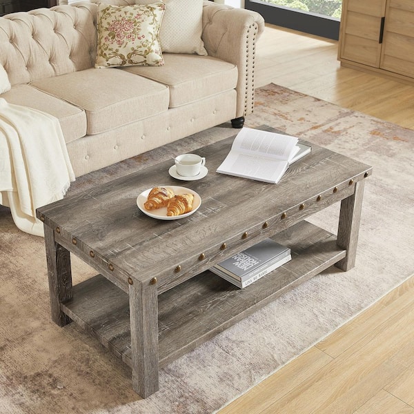 Rustic Vintage 47 in. Weathered Gray Rectangle Wood Coffee Table with Storage Self Nailhead Farmhouse Living Room