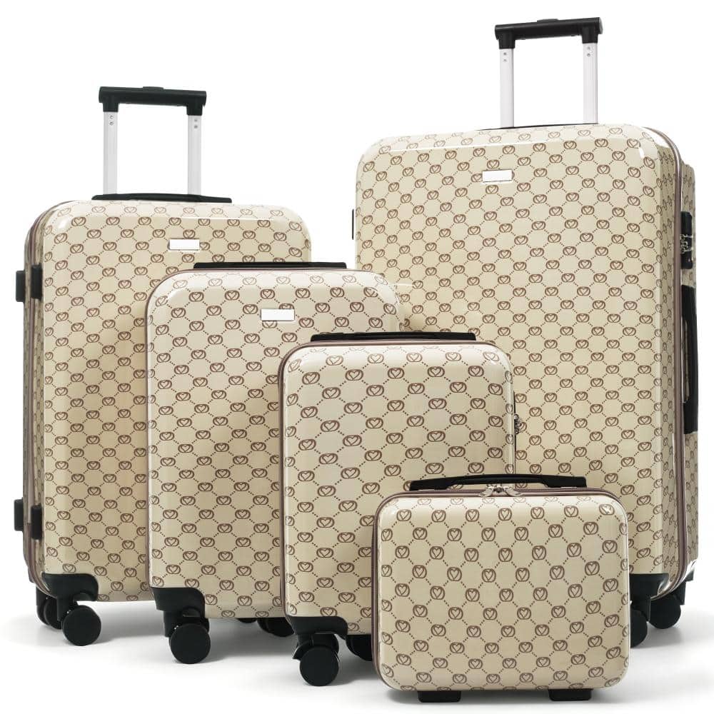 5-Piece Khaki Hardside Luggage Set with Multi-Stage Adjustable Handle and 360° Smooth Rolling Wheels