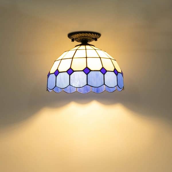 OUKANING 11.81 in. 1-Light White and Blue Retro Semi-Flush