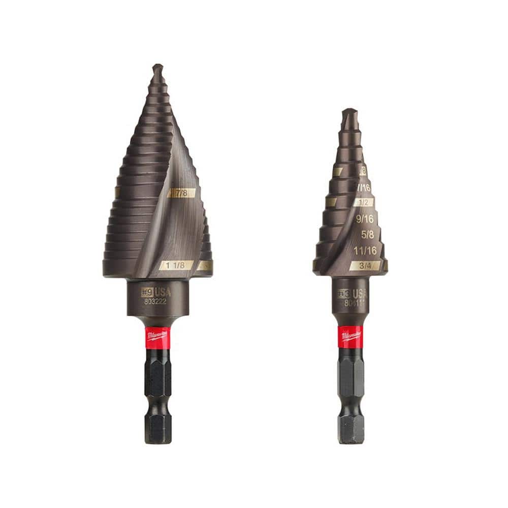 Milwaukee SHOCKWAVE 7/8 in. x 1-1/8 in. #9 Impact-Duty Titanium Step Bit  With 3/16 in. to 3/4 in. #3 Titanium Step Bit (2-Piece)  48-89-9249-48-89-9243 - The Home Depot